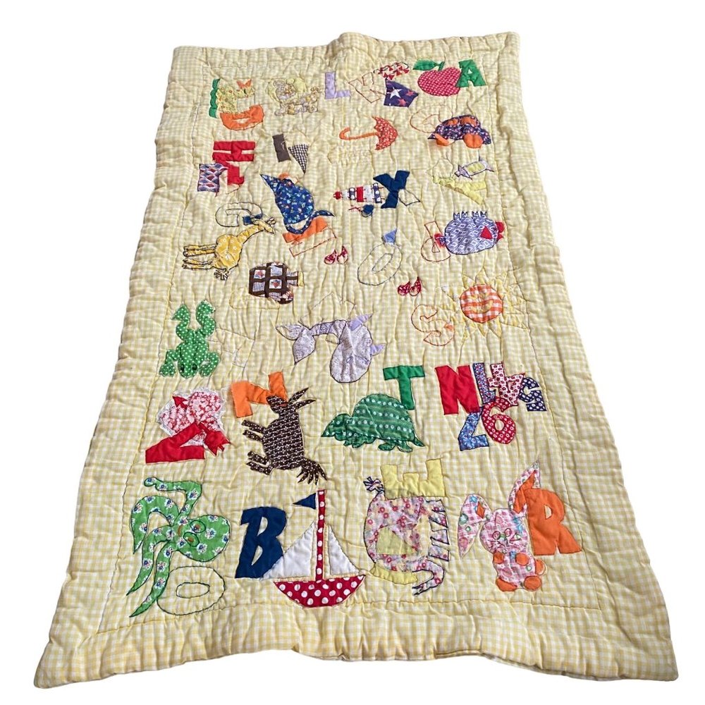 Vintage alphabet quilt blanket‎ applique yellow gingham zoo giraffe octopus kids
